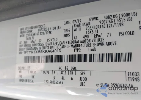 2019 Ford Transit-250 из США, поврежденный, VIN 1FTYR3XM5KKA64013